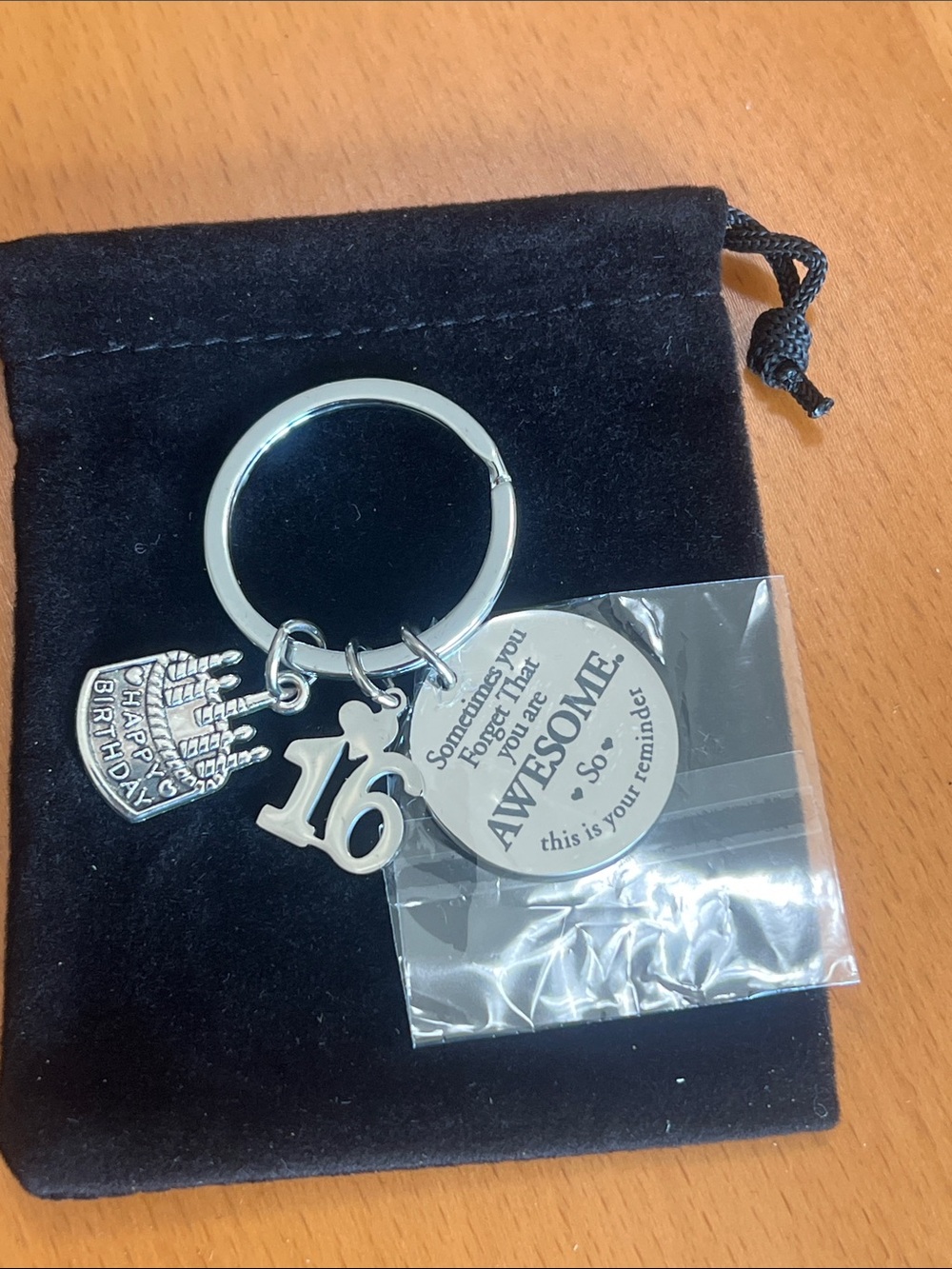 New Silver '16' Birthday Keychain with Sentiment Charm